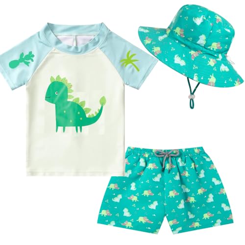 Image of CuteCotton Toddlers Baby Boys' 3-Piece Rashguard Sets Bathing Suit Swimsuits with Hat Surfing Swimwear UPF 50+(Green Dino,3-6 Months)