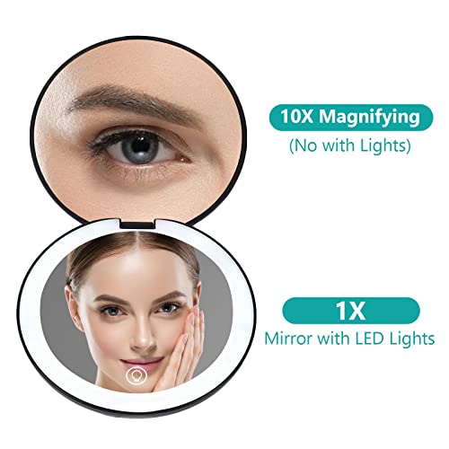 Wobsion Rechargeable Compact Mirror,1X/10X Magnification Compact Mirror With Light,Dimmable Led Travel Makeup Mirror,Portable Mirror For Handbag,Purse,Handheld 2-Sided Mirror,Gifts For Girls,Black #TOP1