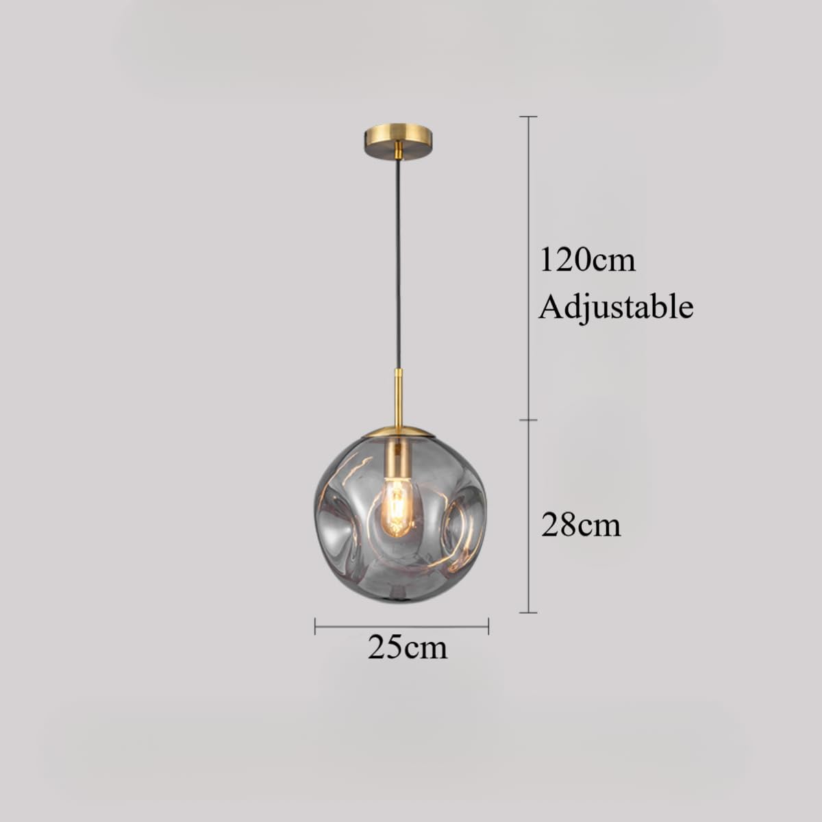 Modern Glass Pendant Light 20cm/25cm – Handcrafted Bubble Glass Globe with Golden Holder – E26 Ceiling Hanging Lamp for Kitchen Island,Dining Room,Bedroom,Café,Bar – Smoky Grey Lampshade (25cm)