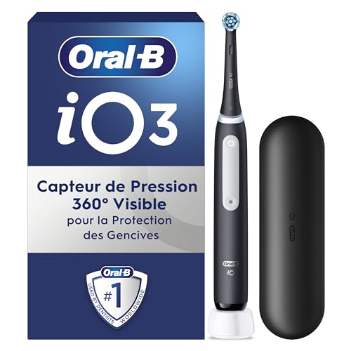 Oral-B Brosse A Dents Electrique iO 3 Noire, 3 Modes De Nettoyage Dont Blancheur, Brossage Silencieux, Capteur De Pression, Brossette De Rechange Oral B, Embout Rond, Chargeur, Etui De Voyage