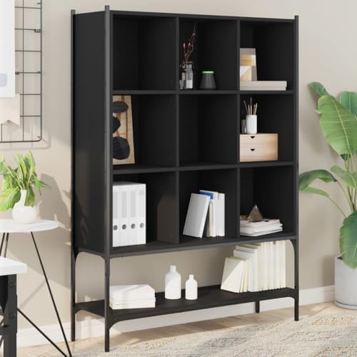 Jkghdrt Black Engineered Wood and Steel Medium Bookcase with 10