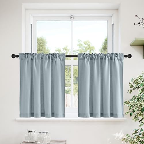 NICETOWN Stone Blue Linen Curtain Tiers 30 Inches Long for Kitchen