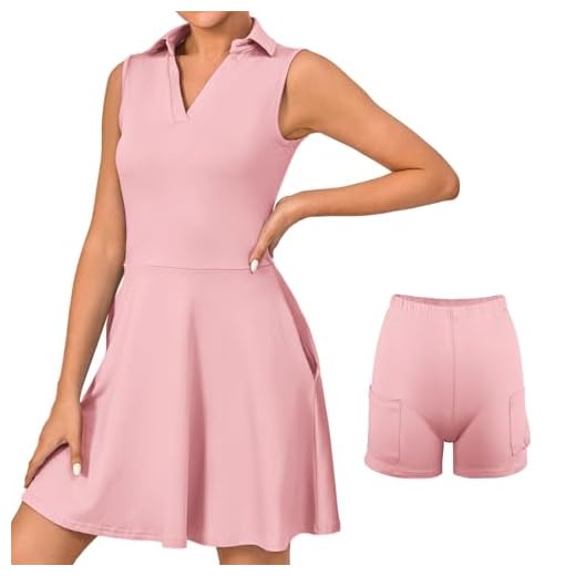 Bezioner Tennis Dresses for Women Golf Dress with Shorts Workout Athletic Dress Sleeveless with Pockets, Pink, L