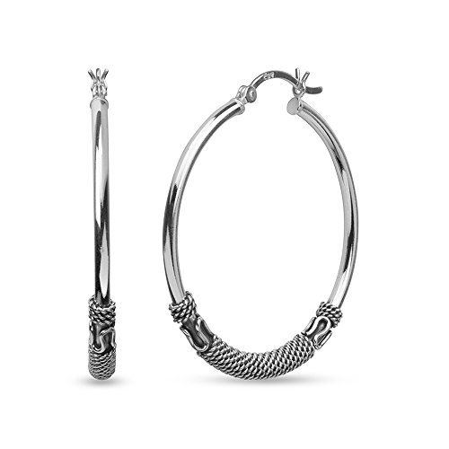 Lecalla Medium Large 925 Sterling Silver Jewelry Light-Weight Antique Balinese Click-Top Hoop Earrings For Women 38Mm #TOP1