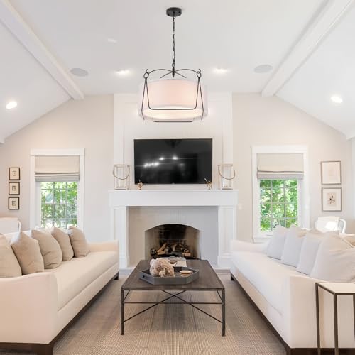 4 Light Modern Layered Fabric Dining Room Light Fixtures Over Table 20.5 Drum Chandelier for Dining room, Living room, Bedroom, Kitchen or Foyer. Black Drum Pendant Light with Adjustable Height