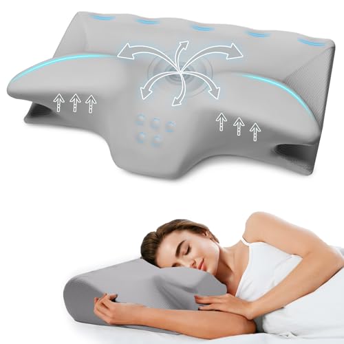 Cervical Neck Pillow for Pain Relief,Ergonomic Contour Memory Foam Pillows for Sleeping,Cooling odorless Neck Support Pillow for Side Back Stomach Sleeper,with Washable Pillowcase,Grey