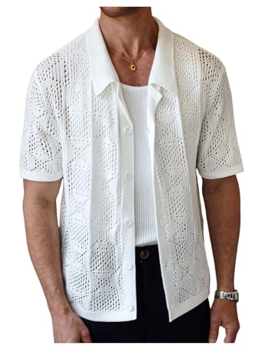 Men's Button Down Crochet Tops Sheer Collared Knit Short Sleeve Sweaters