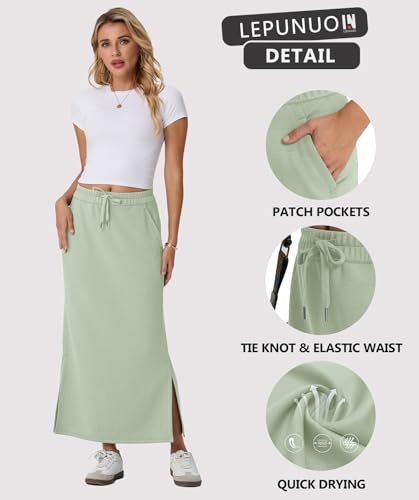 Image of Lepunuo Women's High Waisted Sweat Maxi Skirt with Pockets Slit | Ultra Soft Sweat Fabric, High Waist Drawstring, Deep Phone Pockets, Side Slit for Movement, Ideal for Lounge Travel