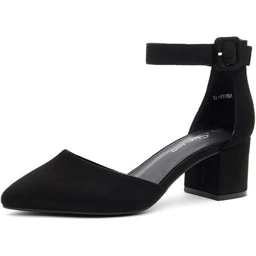 Shoe Land SL-Kyana Womens Closed Toe Heels Black White Nude Red Pointed Toe Heels Ankle Strap Heeled Dress Shoes Low Block Chunky Heel Pumps for Business Office Wedding