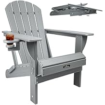 Plastic Adirondack Chairs, HDPE Folding Adirondack Chair with Cup Holder, Wooden Textured Plastic Patio Chairs, Fire Pit Chair for Outdoor, Lawn, Backyard, Grey Grey 5-Slat Back, 1 Pack