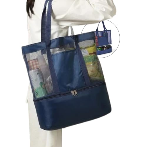 Bolsa de Praia com Compartimento Térmico Impermeável – Bolsa de Tela para Praia, Piscina, Piquinique e Compras - Shop100 (Azul Escuro)