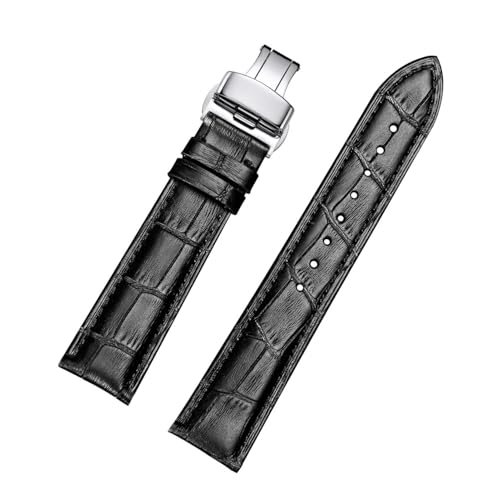 Bracelet montre cuir noir 19mm de qualité supérieure et boucle déployante silver