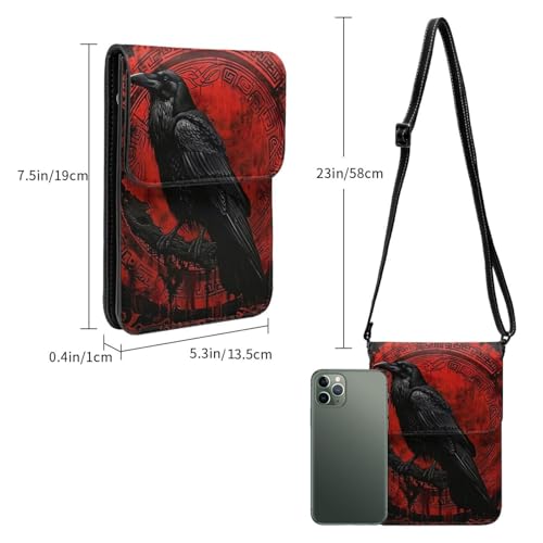Black Raven Pirate Runes Viking Nordic Mythology Red Crossbody Cell Phone Purse For Women Teen Girls Leather Small Crossbody Bag Mini Phone Pouch Purse, 7.5x5.3 Inches2