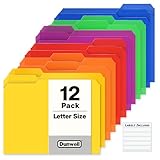 Dunwell Plastic Colored File Folders (12 Pack), 1/3 Tab Filing Folders for 8.5x11 Letter Size Documents, Assorted Colors, Acid-Free Poly, Includes Labels