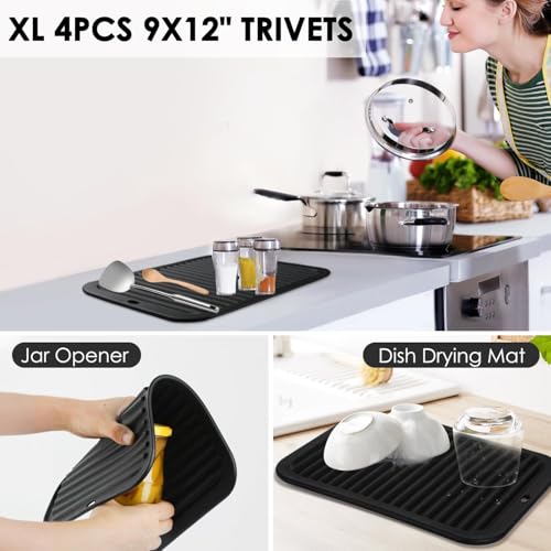 Image of Silicone Trivets for Hot Pots and Pans, 4 Pack Heat Resistant Pot Holders for kitchen, Large Silicone Trivet Mat for Hot Dishes, Black Hot Pads for Kitchen Counter, Hot Mats Spoon Rest, 9 * 12 Inches