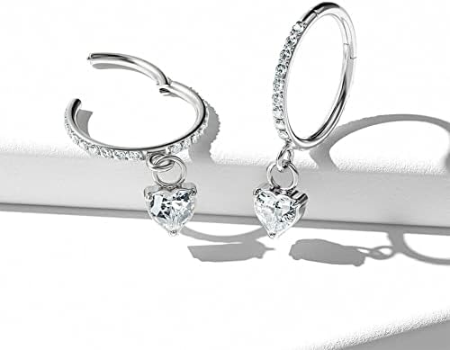 OUFER Dangle Nose Ring Hoop 20g 0.8mm Helix Piercings Heart CZ Hinged 316L Stainless Steel Clicker Daith Tragus Rook Cartilage Earring Jewellery Women Men 8mm