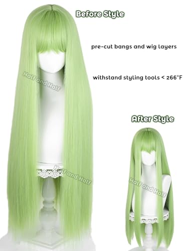 Image of Half and Half Long Straight Green Anime Cosplay Wig Deep Green Women's Wigs with Bangs 31.5'' Green Wig for Halloween Party Costumes