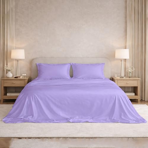 Image of Filbert Satin Bedsheet with 2 Pillow Covers | 90x100 in |300 TC | Midnight Luxe Satin Dreams Collection for Double Bed | UltraSatin Premium Bedding Set | Lavender