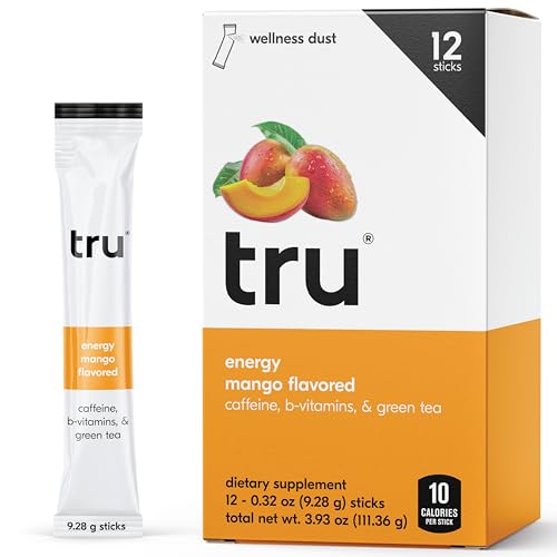 Image of Tru Energy Powder, Natural Caffeine Supplement with Green Tea Extract, Pre Workout Drink Mix with Vitamin B6, Vitamin B12, Monk Fruit & Stevia, Sugar Free, Gluten Free, Vegan, Mango Flavor, 12 Packets