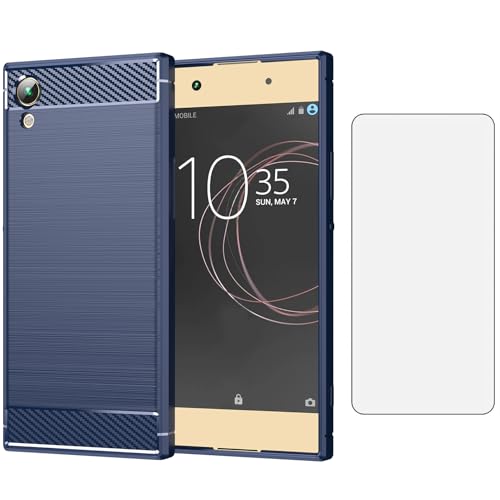 Asuwish Phone Case for Sony Xperia XA1 Ultra with Tempered Glass Screen Protector Cover and Cell Accessories Slim Silicone Protective Experia G3226 G3221 G3212 G3223 Carbon Fiber Women Men Navy Blue