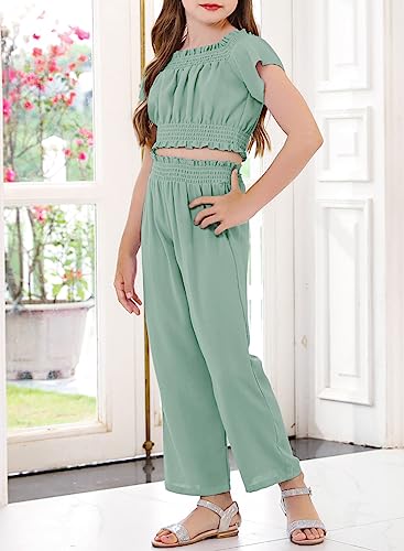 Blibean Girl Summer Clothes Set Ruffle Matching Outfits Tween Kids Short Sleeve Solid Tee Shirts Clothing Tops Pants Size 6-7 Medium Green #TOP1