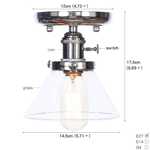 Plafonnier vintage compact pour bas de plafond, éclairage rétro chrome avec bouton