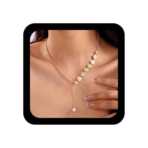 Image of Cybche Boho Daisy Flower Necklace Choker Teardrop Pearl Y Lariat Necklace White Enamel Floral Daisy Necklaces Wedding Long Chain Pearl Drop Y Pendant Necklaces Jewelry for Women