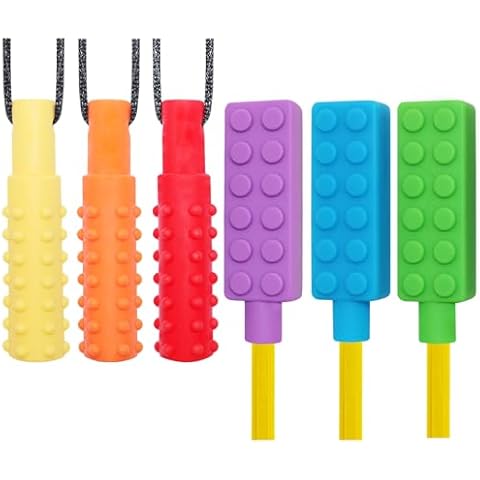Chew Necklaces for Sensory Kids, 6 Pack Chewy Pencil Toppers Necklaces Set for Boys Girls with Autism ADHD SPD, Silicone Mouth Fidget Toys for Autistic Children Adults, Reduce Anxiety for Chewer Cover