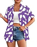 Bowling Shirts for Women Hawaiian Bowler Short Sleeve Button Up Shirt Casual Beach Summer Tee Light Purple