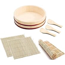 JapanBargain, Sushi Making Kit with Wooden Hangiri Rice Mixing Tub 10", 3 Bamboo Sushi Rolling Mats 9.5", and 3 Rice Paddles, Traditional Japanese Sushi Set for 34 People