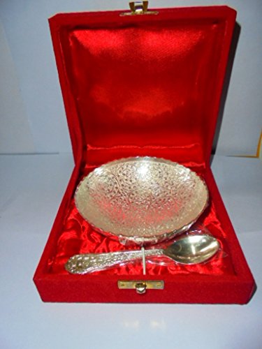 artcollectibles Indien Set von Messing Dekorative Schüssel und einer Messing Löffel in Silber Chrom-Finish in einem gut verpackt Samt Box, Weihnachten Geschenk Sammlerstück Home Decor Art Cover