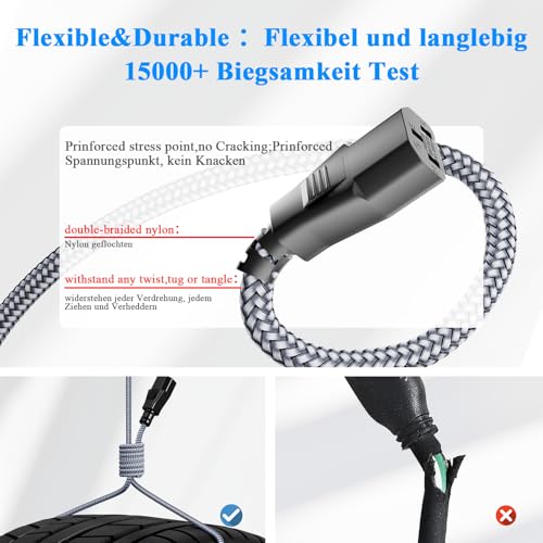 RIKSOIN kabel zasilający 3-biegunowy, kabel do urządzeń zimnych, 0,5 m, plecionka nylonowa, uniwersalny kabel zasilający (CEE 7/7 na IEC60320 C13) z VDE do monitorów, komputerów, drukarek, PS3/PS4 PRO