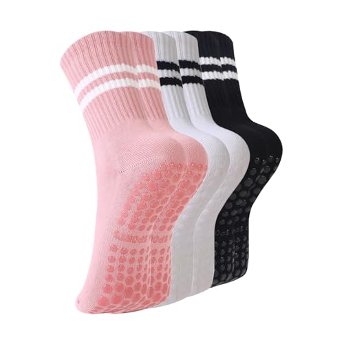 BONANGEL Pilates Socks with Grips for Women, 3 Pairs Womens Grippy Yoga Ballet Barre Hospital Gym Athletic Socks