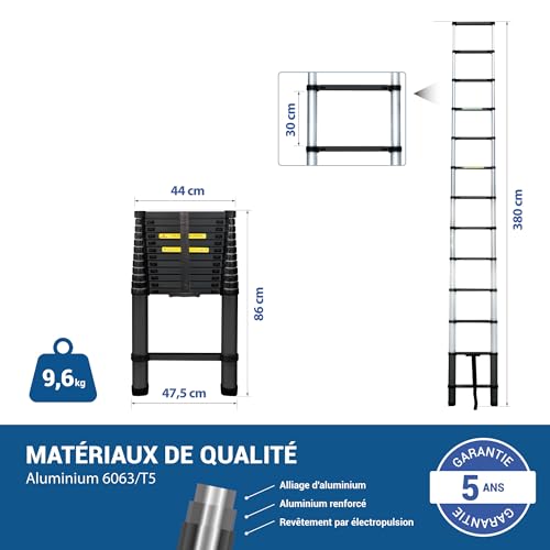 Teleskopleiter, 3,8 m, Telescoo13, Aluminium, faltbar, ausziehbar, Arbeitshöhe max. 4,7 m, Standard EN131, Hostrom