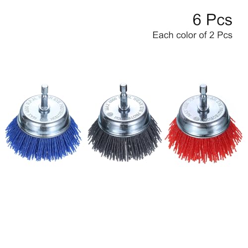 Image of HARFINGTON 6pcs Nylon Filament Wire Wheel Cup Brush for Drill, Abrasive Brushes Set with 1 /4 inch Hex Shank, 3 inch, Used for Rust /Corrosion /Paint Removal and Scrub Surface, 80 Grit