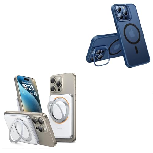 TORRAS Lstand iPhone 15 Pro Max Case Blue Titanium & Magsafe Power Bank White