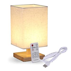 KWOKWEI Tafellamp met afstandsbediening, bedlamp, dimbaar, van hout en linnen, USB-bureaulamp met tijdsinstelling…