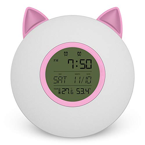 Actume Smart LED Wake-up Light, Bedside Night Light with Function of Temperature and Frequency, Cat Ear Alarm Clock