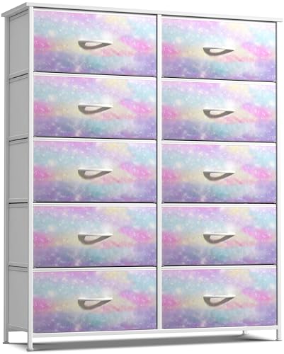 Sorbus Kids Dresser with 10 Drawers - Storage Chest Organizer Unit Nightstand - Steel Frame, Wood Top, Tie-Dye Fabric Bins for Clothes - Wide Furniture for Bedroom, Hallway, Nursery, Closet, Apartment