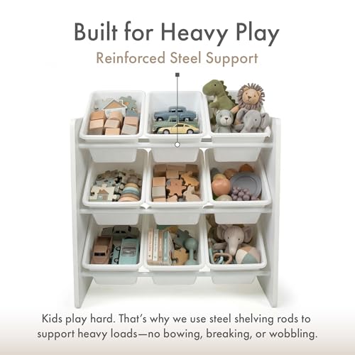 Image of Humble Crew Toy Storage Organizer with 9 Removable Storage Bins for Kids Playroom, 3-Tier Toddler Toy Organization and Storage, White /White