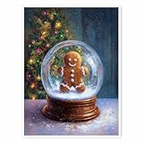 Vintage Christmas Wall Art – Gingerbread Man Snow Globe Print, Nostalgic Holiday Poster, Winter Oil Painting Style Canvas for Festive Home Decor 12x16in Unframed