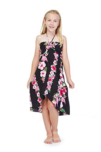 Matching Hawaiian Luau Mother Daughter 3/4 Sleeve Mermaid Ruffle Dress in Pink Black Hibiscus Vine2