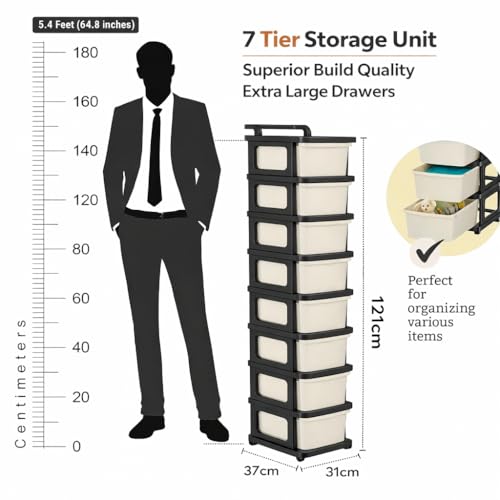 Image of KITCHIVO Heavy Duty Plastic Storage Drawer with Wheels | Modular Cabinet for Bedroom, Office, Home or Classroom| Chest of Drawers Organiser for Cosmetics, Kitchen items, Toys (Black & Ivory, 7)
