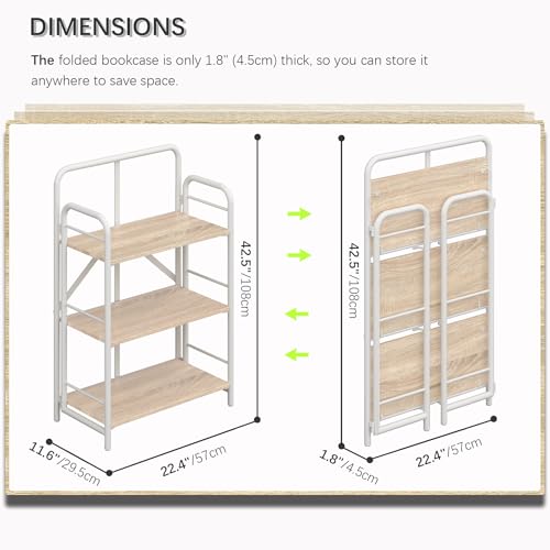 Image of 4NM No Assembly Folding Bookshelf, 3 Tiers Collapsible Book Shelves Open Industrial Foldable Storage Bookcase Shelf for Bedroom, Living Room, Home Office - Natural and White