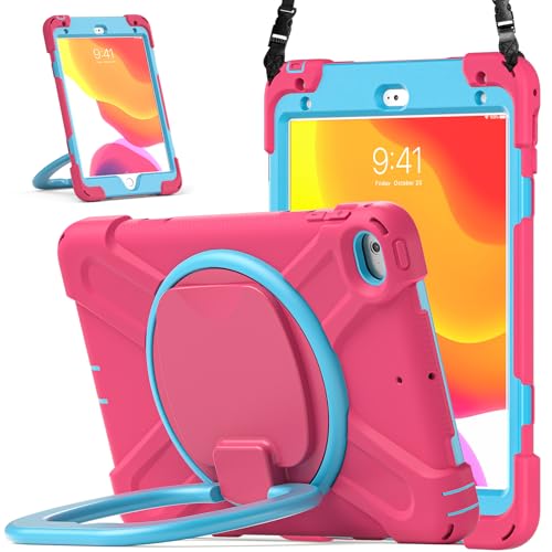 Coque iPad mini 4 et 5 antichoc pour enfant avec poignée rotative rose et bleu