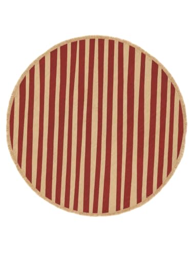 RugVista Ribbons, Alfombra Moderna, Pelo Corto, ∅ 100 cm, Redonda, Calidad cert. Care & Fair, Yute, Pasillo, Dormitorio, Cocina, Salón, Comedor, Despacho, Beige/Rojo
