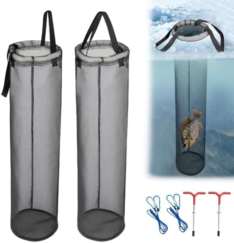 QualyQualy 2-Pack Ice Fishing Live Well, Floating Fish Basket for Live Fish Bait Bucket, Foldable Rubber Coated Fish Bag for Live Caught & Minnow Bucket| Fits All Ice Holes, Carabiner Included