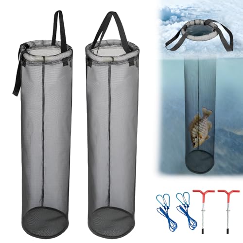 QualyQualy 2-Pack Ice Fishing Live Well, Floating Fish Basket for Live Fish Bait Bucket, Foldable Rubber Coated Fish Bag for Live Caught & Minnow Bucket| Fits All Ice Holes, Carabiner Included