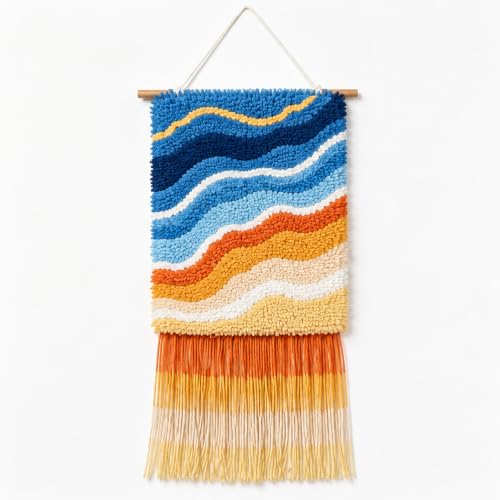 RUEPIE Latch Hook Kits Gloden Shining Sea Waves Beach Tapestry 20x25cm