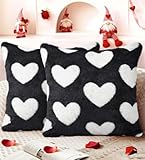 Kokaaee Valentines Pillow Covers 18x18 Inch Set of 2 - Plush Faux Fur Black White Love Hearts Valentines Day Jacquard Throw Pillow Covers Decorations Soft Home Decor for Couch, Sofa, or Bed